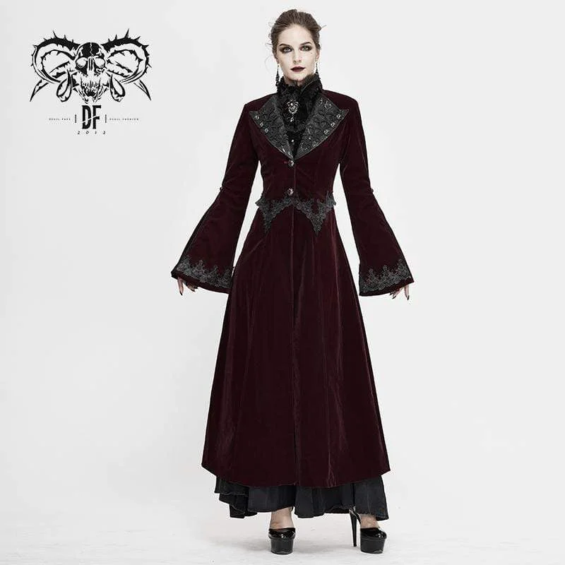 Elegant Clothing Women's Gothic Velet Large Lapel Flare Sleeve Long Coats Wine Red