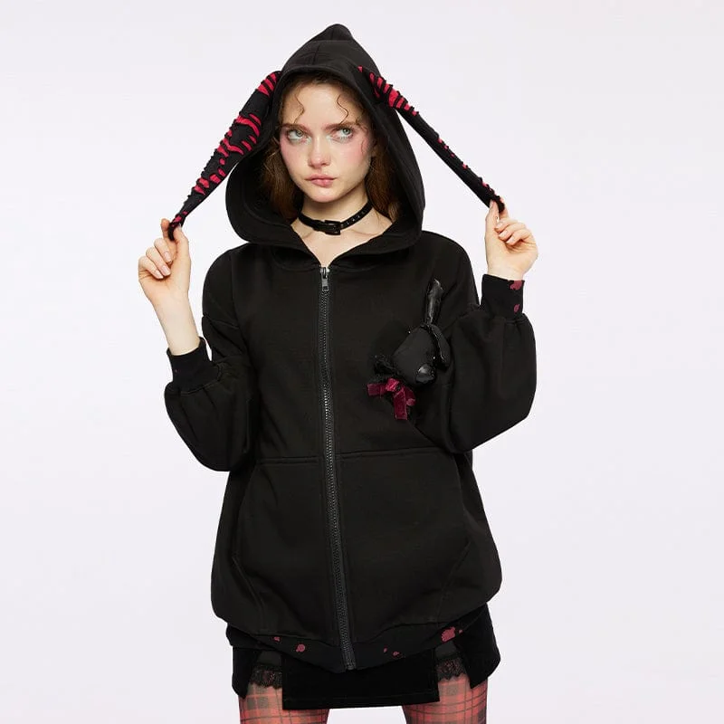 Preppy Style Women's Grunge Bloodstain Printed Coat with Rabbit Ears Hood