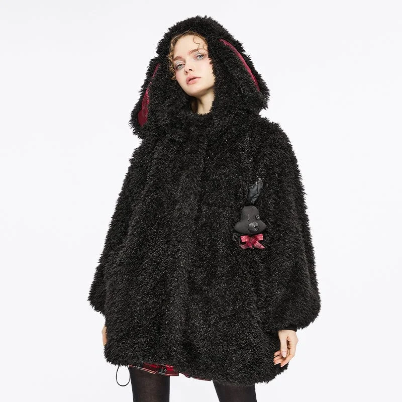 Comfortable Clothes Women's Grunge Drawstring Woolen Coat with Rabbit Hood