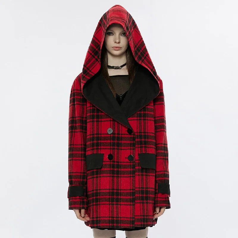 Holiday Special Offers Women's Grunge Reversible Plaid Coat with Hood