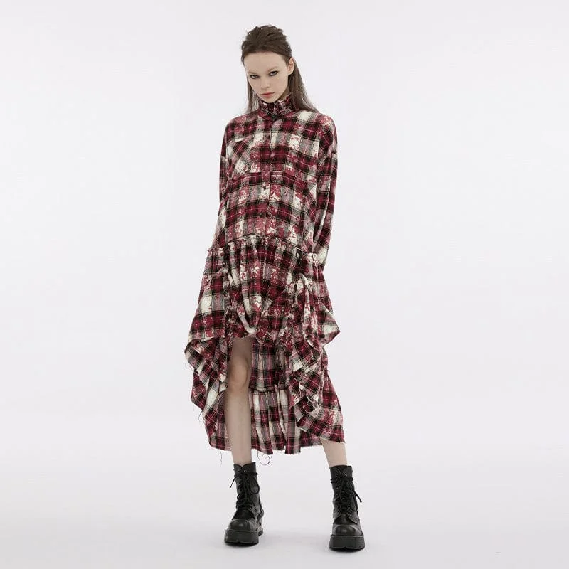 Best Online Boutiques Women's Grunge Stand Collar Ruffled Plaid Coat