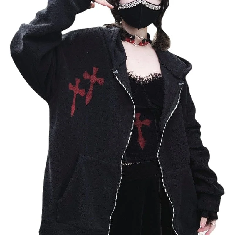 Women's Trendy Casual Outfit Women's Punk Cross Printed Coat with Hood