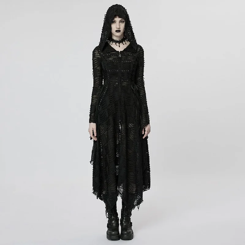 Vintage-Inspired Women's Apparel Women's Punk Irregular Ripped Long Coat with Hood