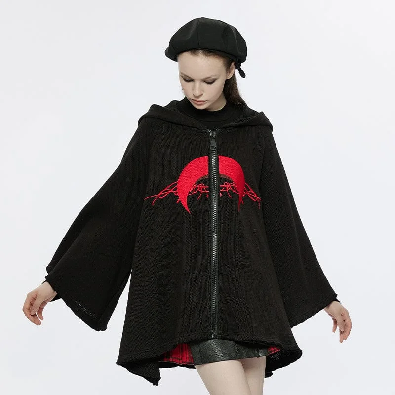 Sporty Streetwear Women's Punk Moon Embroidered Loose Coat with Witch Hood