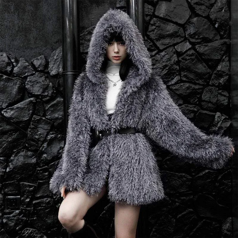 Women's Holiday Attire Women's Punk Plush Winter Coat with Hood