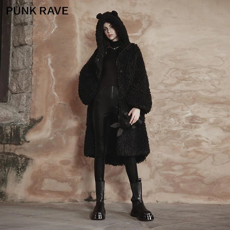 Women's Athletic Garments Women's Punk Sherpa Long Coat with Bear's Ears Hood