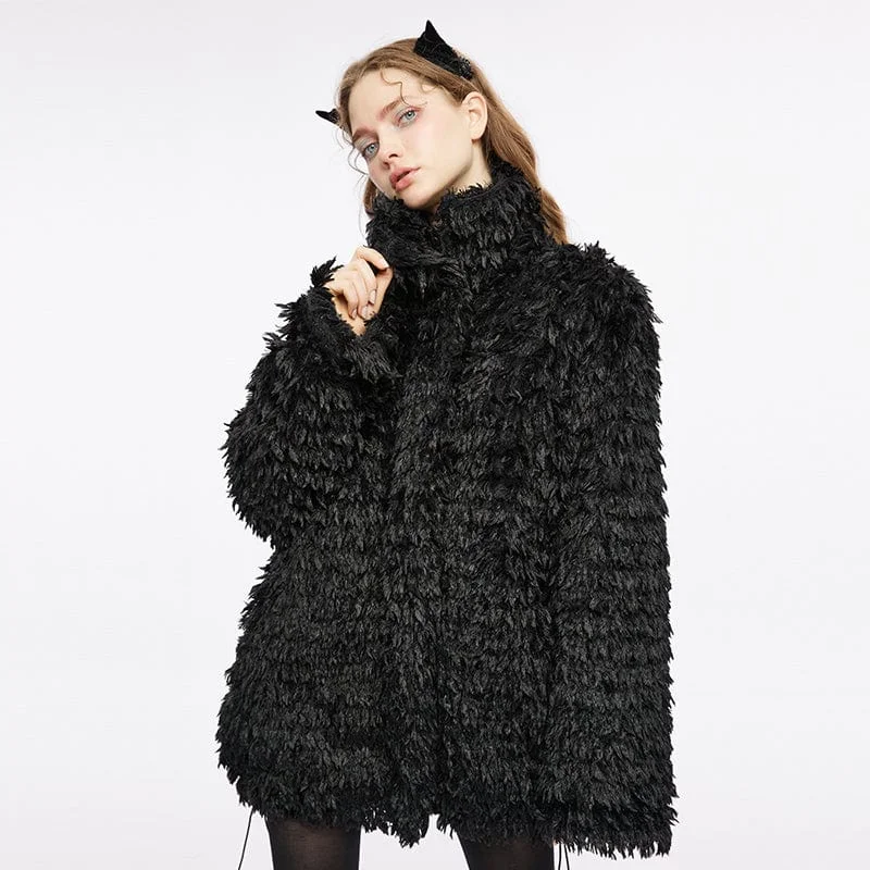 Bold Fashion Women's Punk Stand Collar Drawstring Woolen Coat