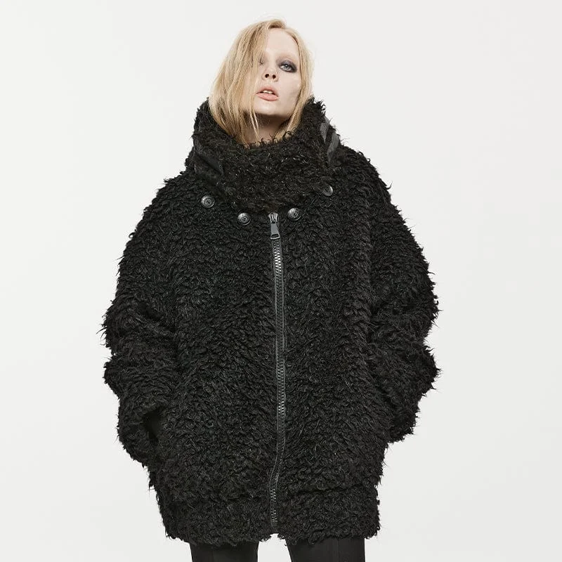 High End Fashion Women's Punk Stand Collar Woolen Coat with Hood