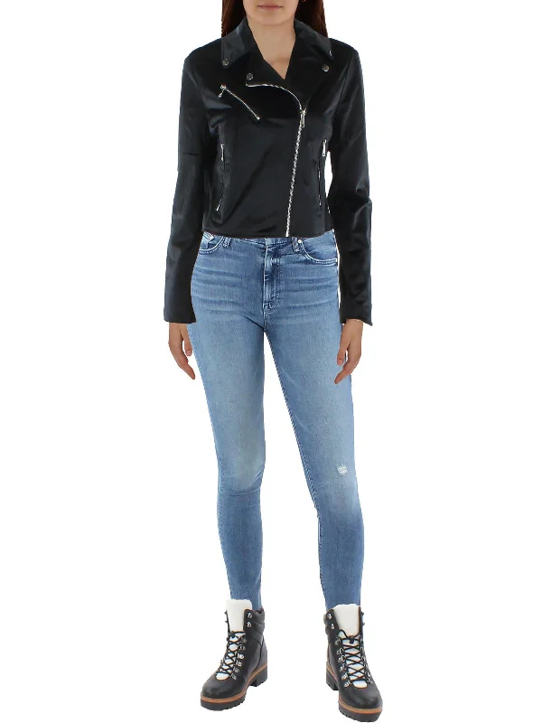 Unique Women's Fashion Pieces Womens Velvet Cropped Motorcycle Jacket