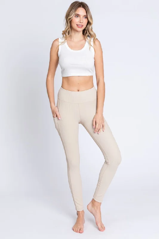 Timeless Women's Apparel Beige Ribbed Active Leggings