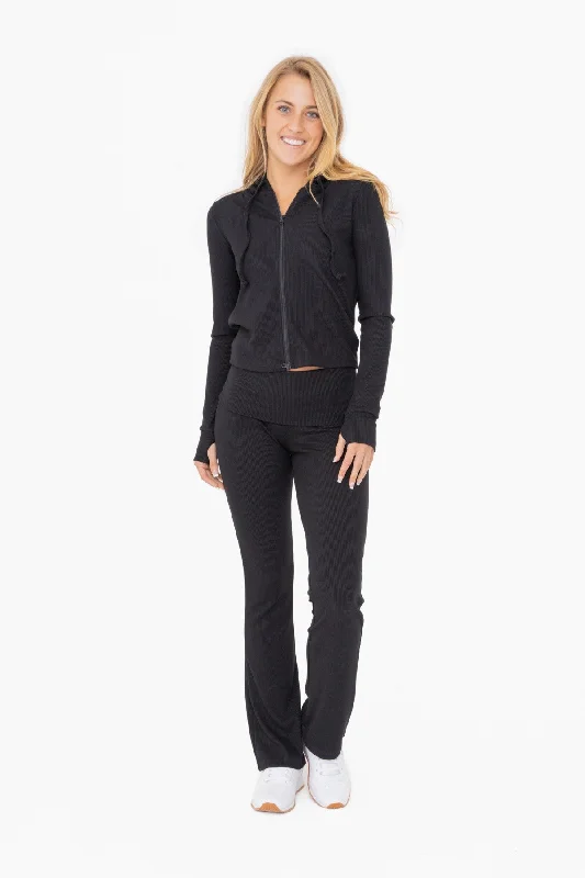 Chic And Comfortable Black Ribbed Foldover Flared Pants